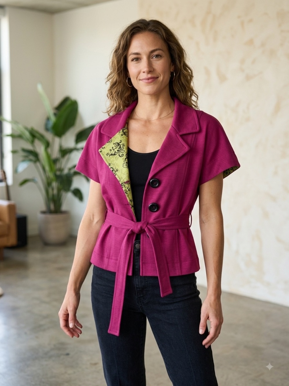 ivy jane Short-Sleeve Belted Jacket - Magenta with Green Lining